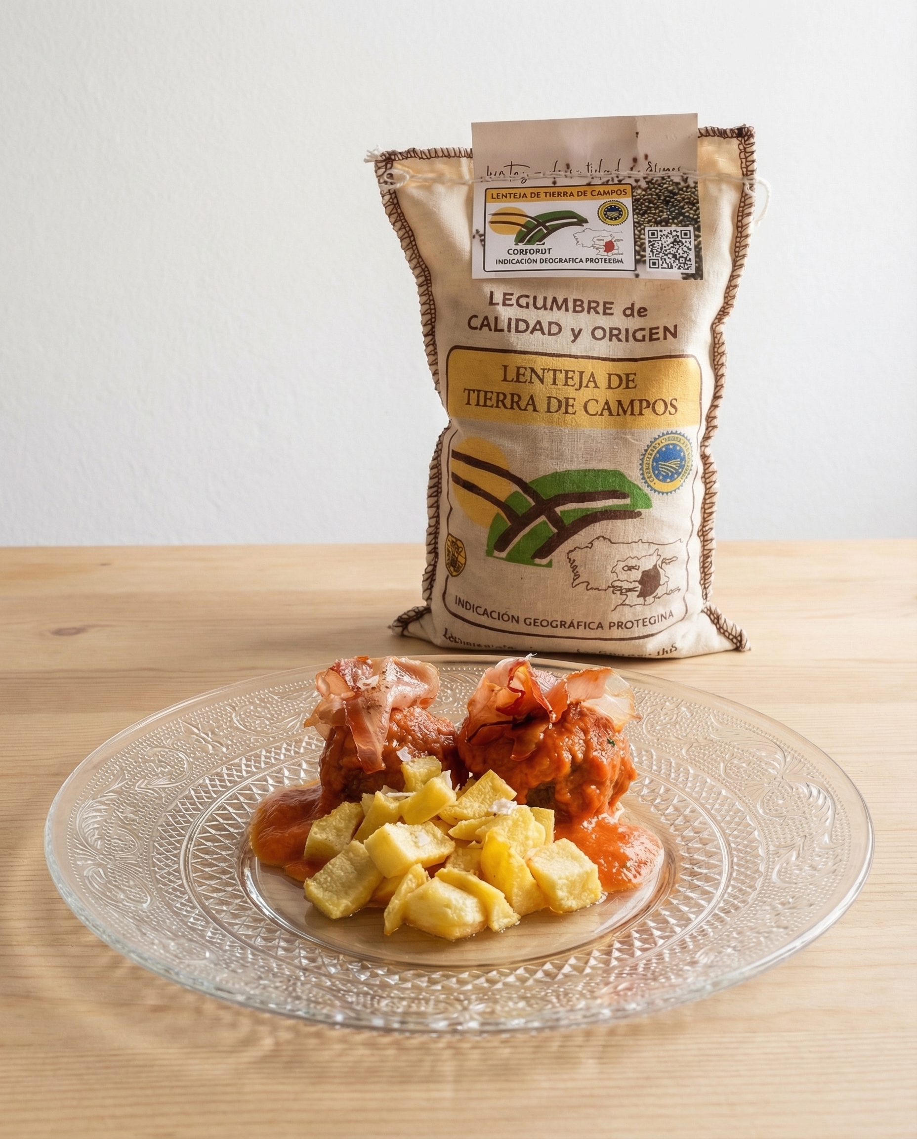 Albondigas de lentejas con panceta y salsa de pimientos